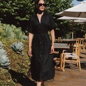 Cleobella Size XS Gili Midi Dress Shirtdress Linen Black Short Sleeve NEW